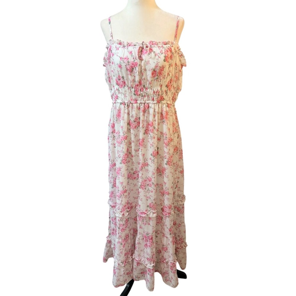 Lily Morgan Pink Floral Smocked Tiered Maxi Dress Large Cottagecore White Rose - Picture 2 of 12